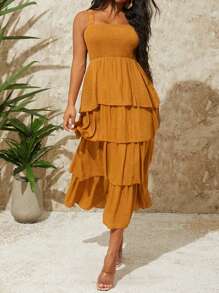 SHEIN SXY Vestido de estilo festivo para mujer con dobladillo de volantes de unicolor y tirantes de verano