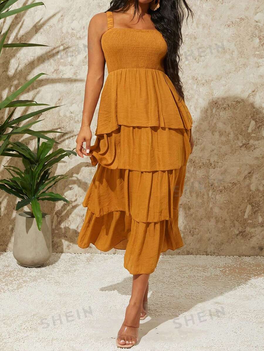 SHEIN SXY Vestido de estilo festivo para mujer con dobladillo de volantes de unicolor y tirantes de verano