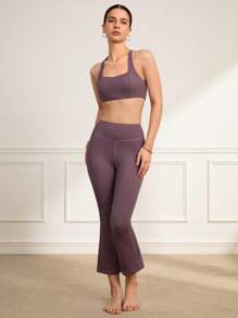 SHEIN Sports Women's Solid Color Back Cross Daily Fitness Sports Bra - Blue - View 6