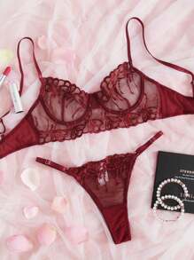 SHEIN Embroidered Mesh Underwire Sexy Bra & Panty Lingerie Set - Burgundy - View 1