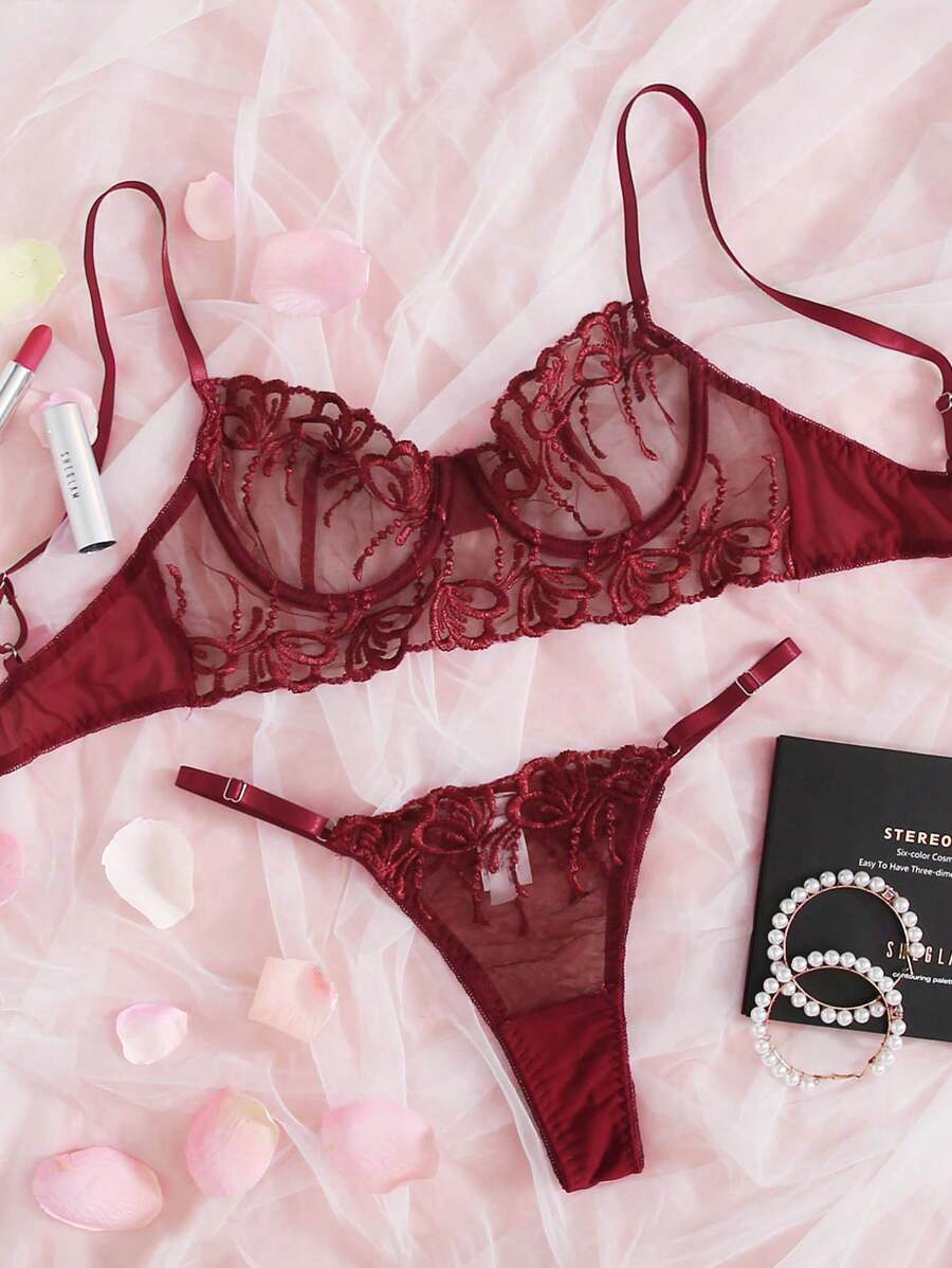 SHEIN Embroidered Mesh Underwire Sexy Bra & Panty Lingerie Set - Burgundy - View 1