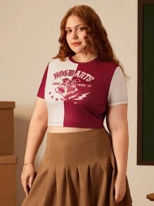 HARRY POTTER X SHEIN Camiseta de talla grande casual clásica con bloque de color y diseño de Hogwarts, adecuada para uso diario