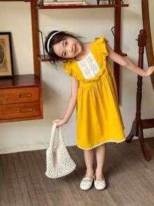 SHEIN Young Girl Yellow Lace Dress With Country Style - Yellow - View 4