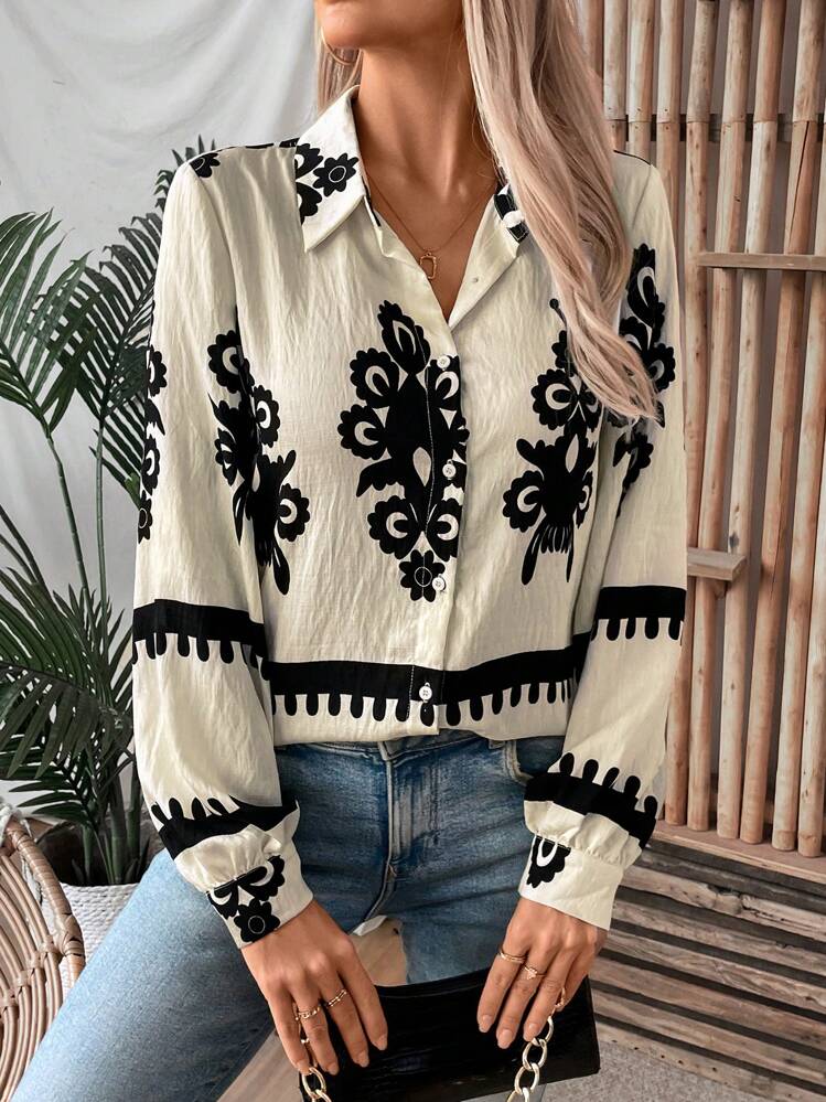 EMERY ROSE All Over Print Collar Drop Shoulder Shirt,Long Sleeve Tops - Black and White - View 4