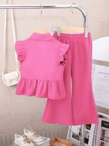 Girls' Solid Color Lace-Edge Vest And Flared Pants Set, Sleeveless - Hot Pink - View 2