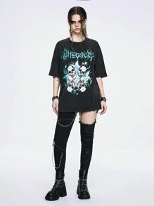 ROMWE Grunge Punk Street Style Cool Casual Snowflake Distressed Skull Chain Star Contrast Slogan Print Loose Knitted Women's T-Shirt - Black - View 3