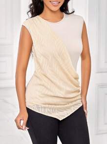 SHEIN Lady 夏季杏色纹理女式背心，不对称下摆，修身复古风格，适合音乐会等场合穿着。 - 杏色 - 查看 4