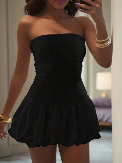 INAWLY 夏季款實心荷葉邊無肩帶連身裙