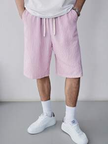 Manfinity Hypemode Men's Striped Print Drawstring Waist Fashionable Casual Shorts - Pink - View 1