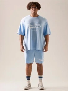Manfinity VCAY 2pcs Men's Plus Size Light Blue And White Summer Casual Vacation Loose Fit Drop Shoulder Short Sleeve T-Shirt And Waist Drawstring Shorts Set - Blue - View 8