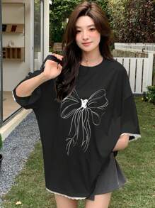 DAZY Loose Fit Short Sleeve Round Neck Printed T-Shirt Cute Tops Oversized T-Shirt,Graphic Tees - Black - View 3