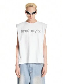 Manfinity VCAY 男士針織棉質高頻無袖街頭風寬鬆標準版背心，在春夏季節適合日常穿著 - 白色 - 查看 9