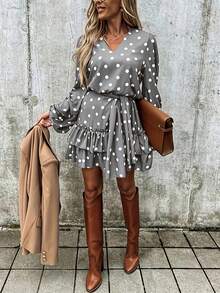 女士長袖圓點結帶荷葉邊連衣裙