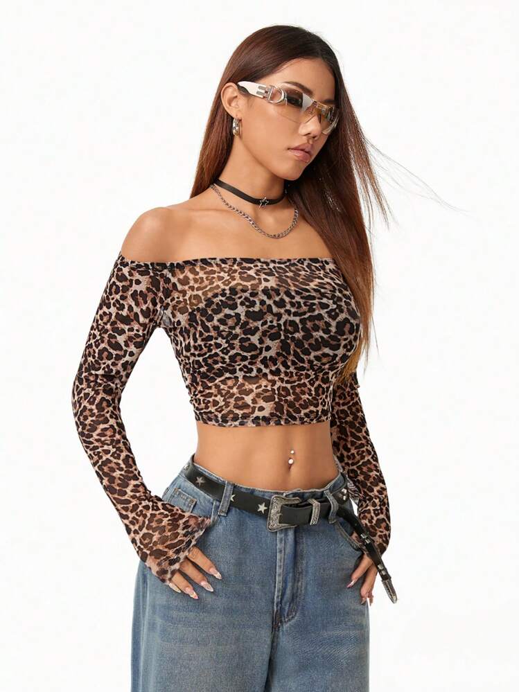 Muchica Tutina donna estiva in rete stile Y2K, con stampa leopardata, scollo spalle scoperte, vestibilità aderente, abbigliamento da back to school, camicia leopardata - Multicolore - Visualizzare 4