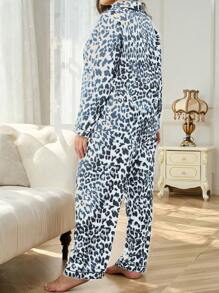Plus Leopard Print Satin Top & Pants Pajama Set - Multicolor - View 2