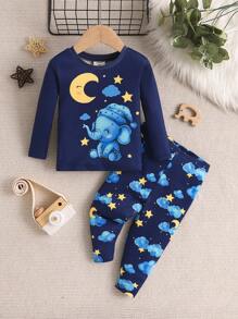Conjunto de pijama de manga larga para bebé niño, 2 piezas ajustadas y cómodas con patrón de elefante y luna tejido y piel suave al tacto - Azul - Ver 3