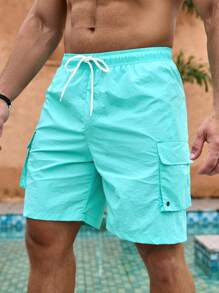 Surfspeed Pantaloni corti da uomo in tinta unita stile vacanza comodi e larghi per la spiaggia con fascia elastica in vita e laccetto - celeste - Visualizzare 1