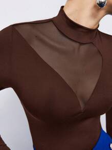 Maija Slim Fit Stand Collar Contrast Mesh Brown Bodysuit For Women - Brown - View 8