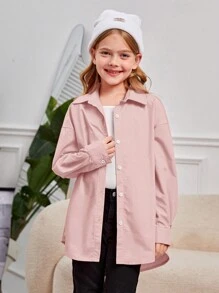 SHEIN Tween Girls' Woven Solid Color Shirt With Turn-Down Collar, Loose-Fit And Long Sleeve For Vacation