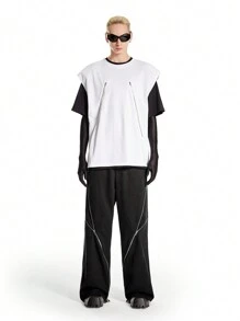 Manfinity VCAY Calça Casual Masculina 100% Algodão Tecido Liso com Cintura Média, Perna Reta e Larga em Estilo Urbano, Adequada para Uso Diário na Primavera e Verão - Preto - Visão 3