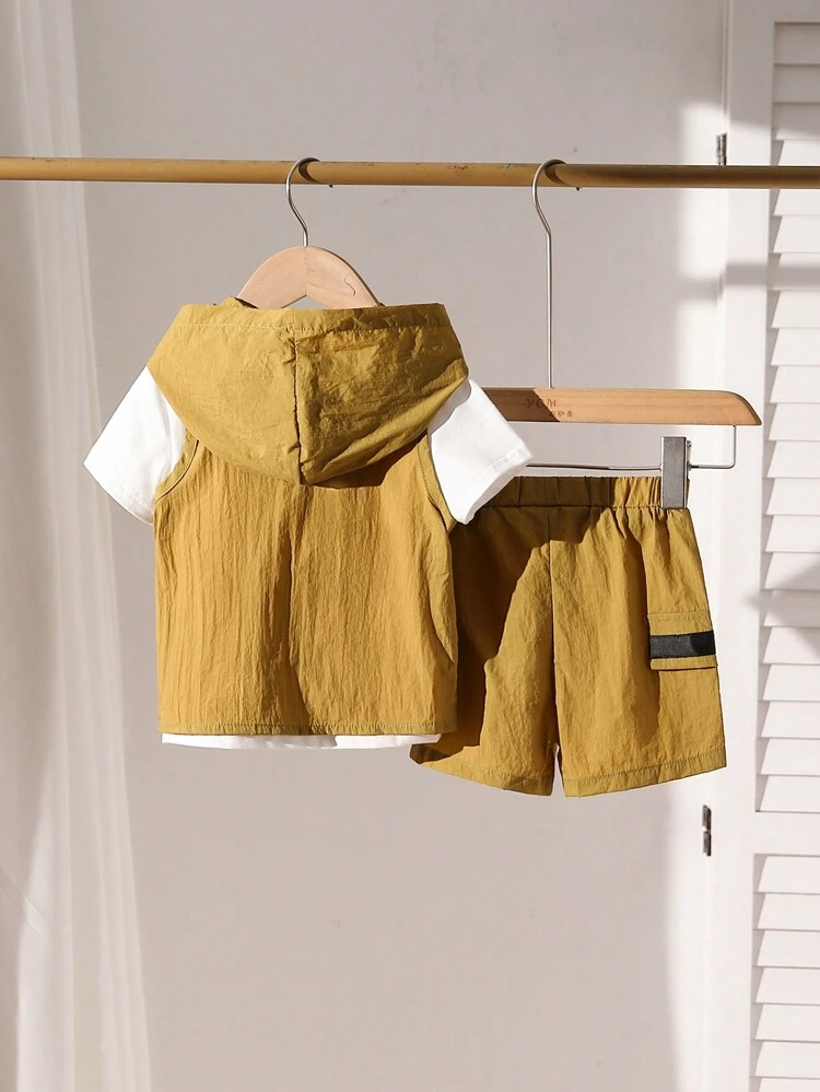ベビーボーイ夏の作業服ポケット付きフード付きベスト単色丸首半袖Tシャツとショートパンツのカジュアルセット