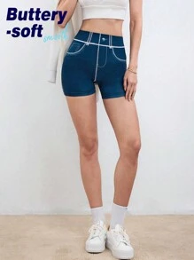 Easithlete Women's Denim Effect Printed Athletic Shorts - Blue - View 1