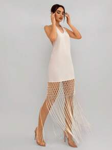 Aloruh Ladies' Apricot Sleeveless Fringed Hem Dress - Apricot - View 4