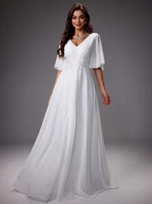 V-Neck Ruffle Sleeve Embroidered Waist Wedding Dress - White - View 5