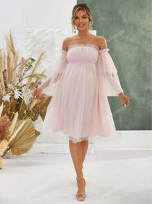 Joyfunear Elegant Maternity Off Shoulder Ruffle Sleeve Mesh Dress