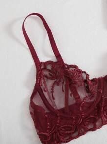 SHEIN Embroidered Mesh Underwire Sexy Bra & Panty Lingerie Set - Burgundy - View 4