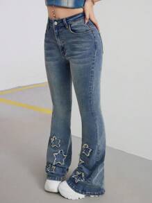 SHEIN Dziewczęce dżinsy Y2K w kolorze niebieskim z wzorem gwiazdy przy kostce, letnie spodnie jeansowe w stylu boho nostalgii dzwony - Jasny jeans - Zobacz 7