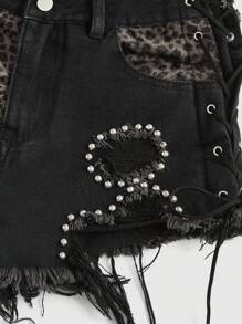 ROMWE Grunge Punk Quần short denim cạp thấp họa tiết da báo vá đính đinh tán phong cách đường phố gợi cảm dành cho nữ Kpop, đi học - Nhiều màu - Xem 3