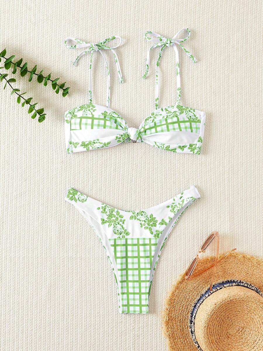 SHEIN Swim Set Bikini Seksi Wanita Motif Kotak-kotak dan Bunga untuk Pantai Musim Panas - Lime Green - View 1