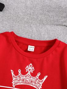 SHEIN Tween Boys' Summer Crown And Letter Printed Short Sleeve Casual T-Shirt