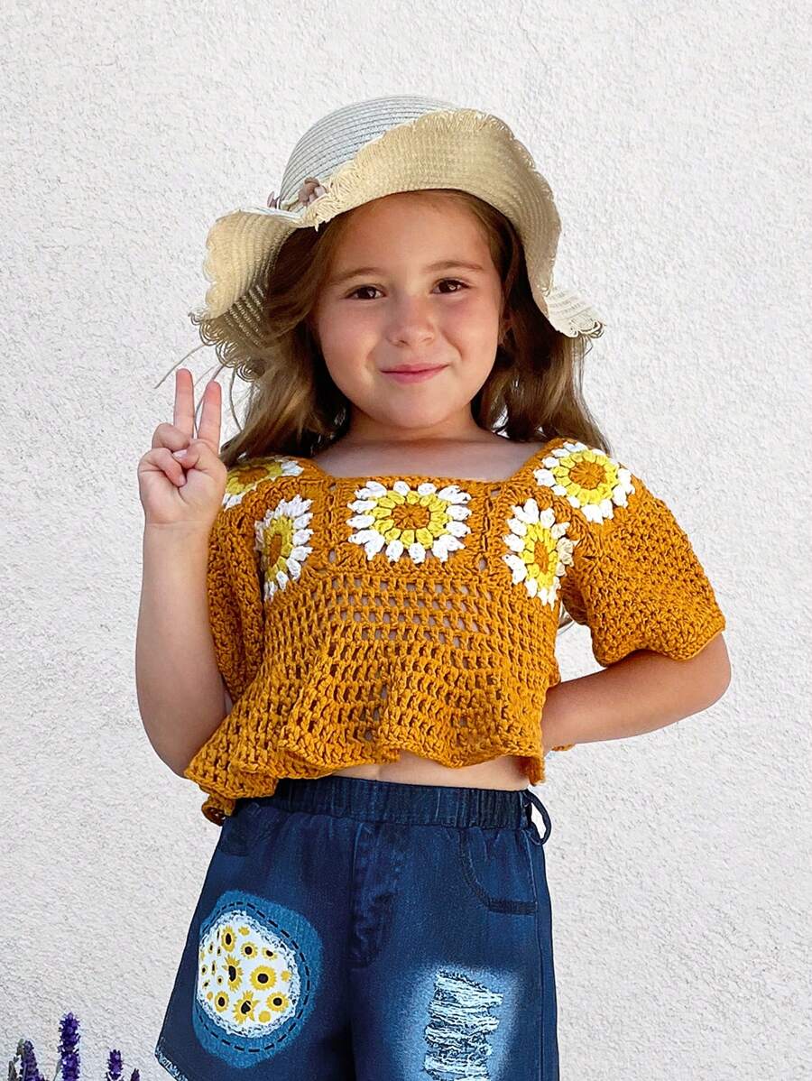 SHEIN Young Girl Flower Pattern Square Neck Sunflower Crochet Cropped Cover Ups