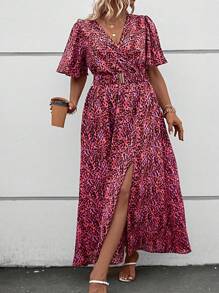 Breezaya 夏季蝴蝶袖分叉連衣裙，無腰帶，全印花設計