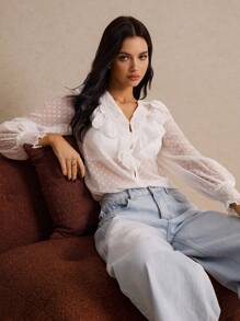 SHEIN Frenchy Swiss Dot Ruffle Trim Lantern Sleeve Blouse Without Cami Top Winter Elegant White