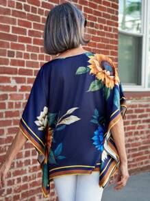 SHEIN LUNE Women Casual Elegant Summer Sundress Flowers Batwing Flowers V-Neck Batwing Sleeve Shirt - Multicolor - View 2