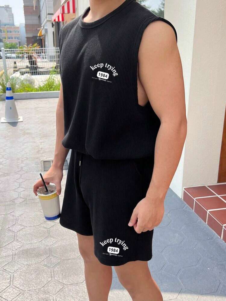 Men's Summer Letter Printed Round Neck Tank Top And Drawstring Waist Casual Shorts Set Back To School