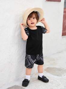 Baby Boy Paisley Scarf Print Tee & Shorts - Black - View 1
