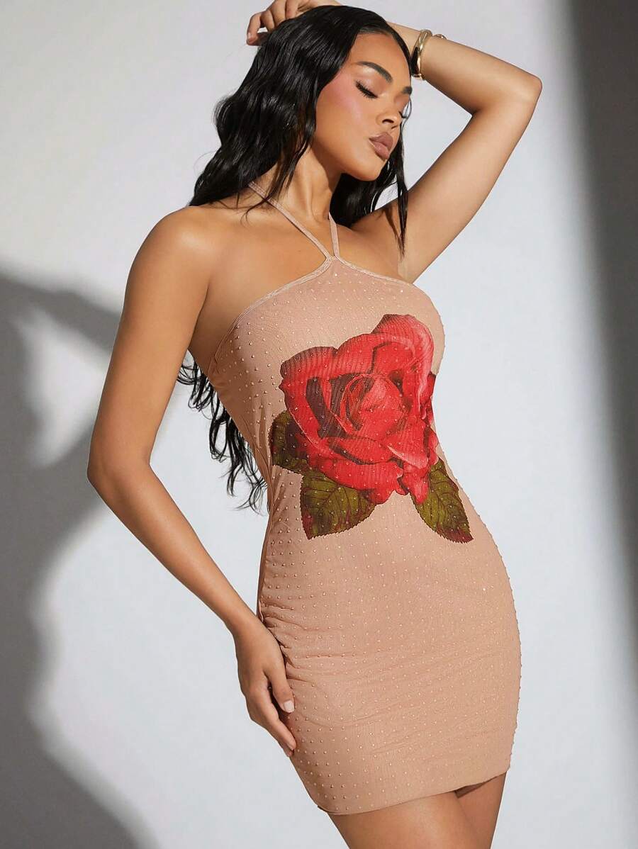 Hauture Neck Wrapped Bodycon Dress With Floral Embellishment And Hot Drilling Details - Multicolor - View 1