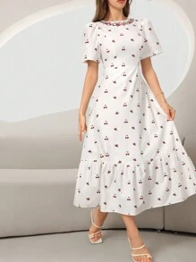 Modelyn Vestido de corte con diseño de cereza y flores pequeñas con dobladillo de volantes en la parte trasera para el verano - Blanco - Ver 4