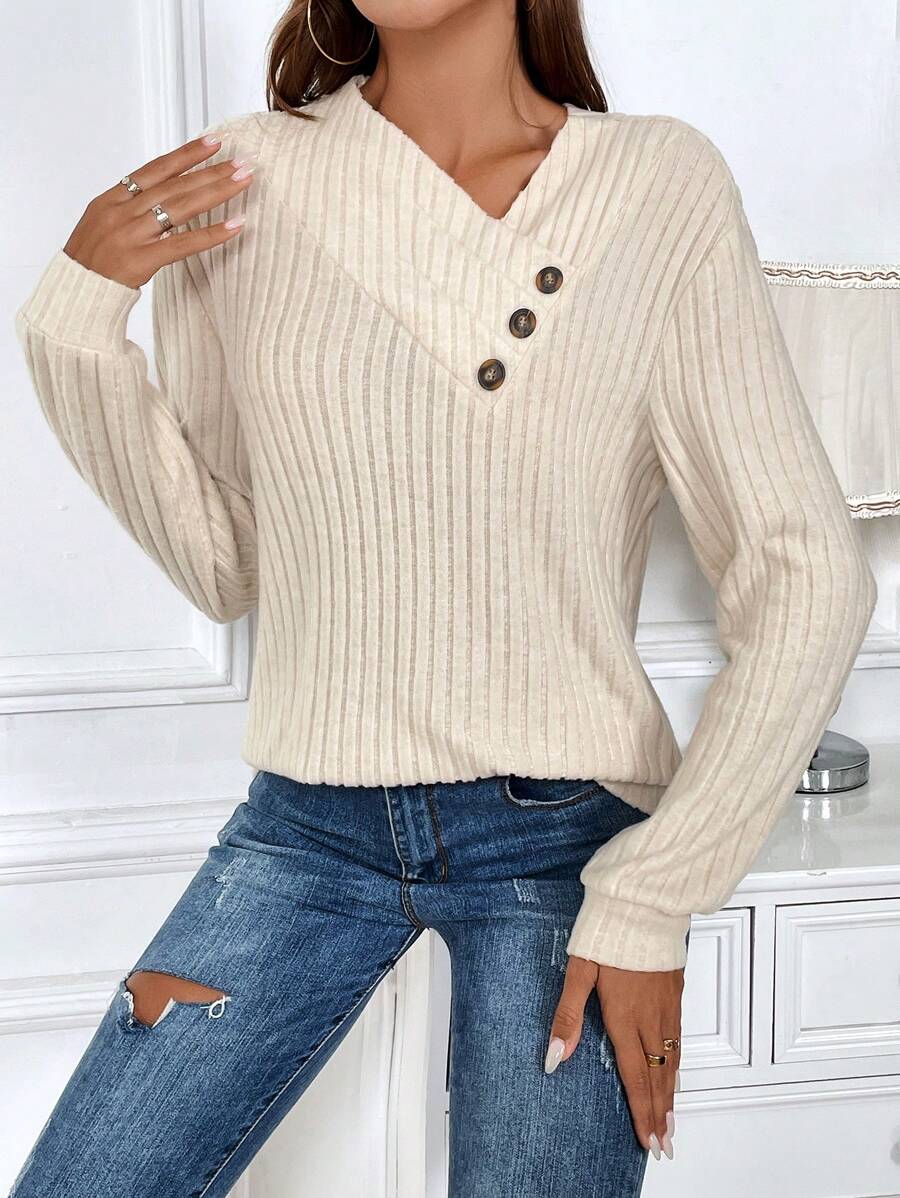 SHEIN LUNE 女士春秋季休闲不对称领纽扣细节套头卫衣 - 杏色 - 查看 1