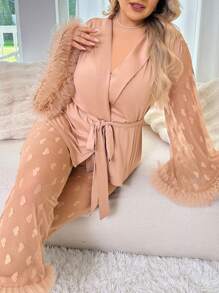 Conjunto de pijama de verano de talla grande con parte superior de manga ancha con cinturón y pantalones, con encaje 3D, malla acolchada con estampado de corazones
