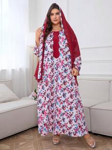 Al Najma Robe imprimée florale Plus avec bordure contrastée et foulard pour l'été