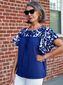 SHEIN LUNE Women Casual Summer Floral Print Tie-Down Blue Top - Blue - View 5