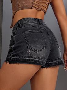 SHEIN SXY 女式生邊休閒牛仔短褲，附有口袋 - 黑色 - 查看 2