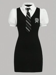 SHEIN Teen Girls Black And White 2 In 1 College Style Embroidery Tie Knit Back-To-School Season Casual Dress - Black and White - View 3