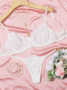 Embroidered Mesh Underwire Sexy Bra & Panty Lingerie Set - White - View 1