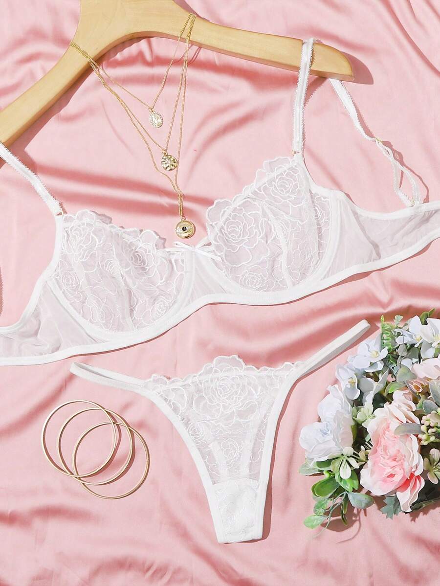 Embroidered Mesh Underwire Sexy Bra & Panty Lingerie Set - White - View 1
